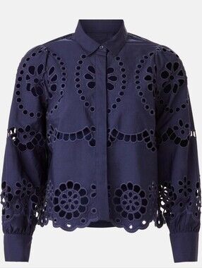 Caballero Emmie Eyelet Top Collared Long Sleeve Front Button Size M